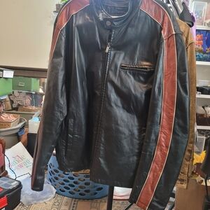 Wilsons Leather Black Leather Bomber Jacket with Brown Stripe